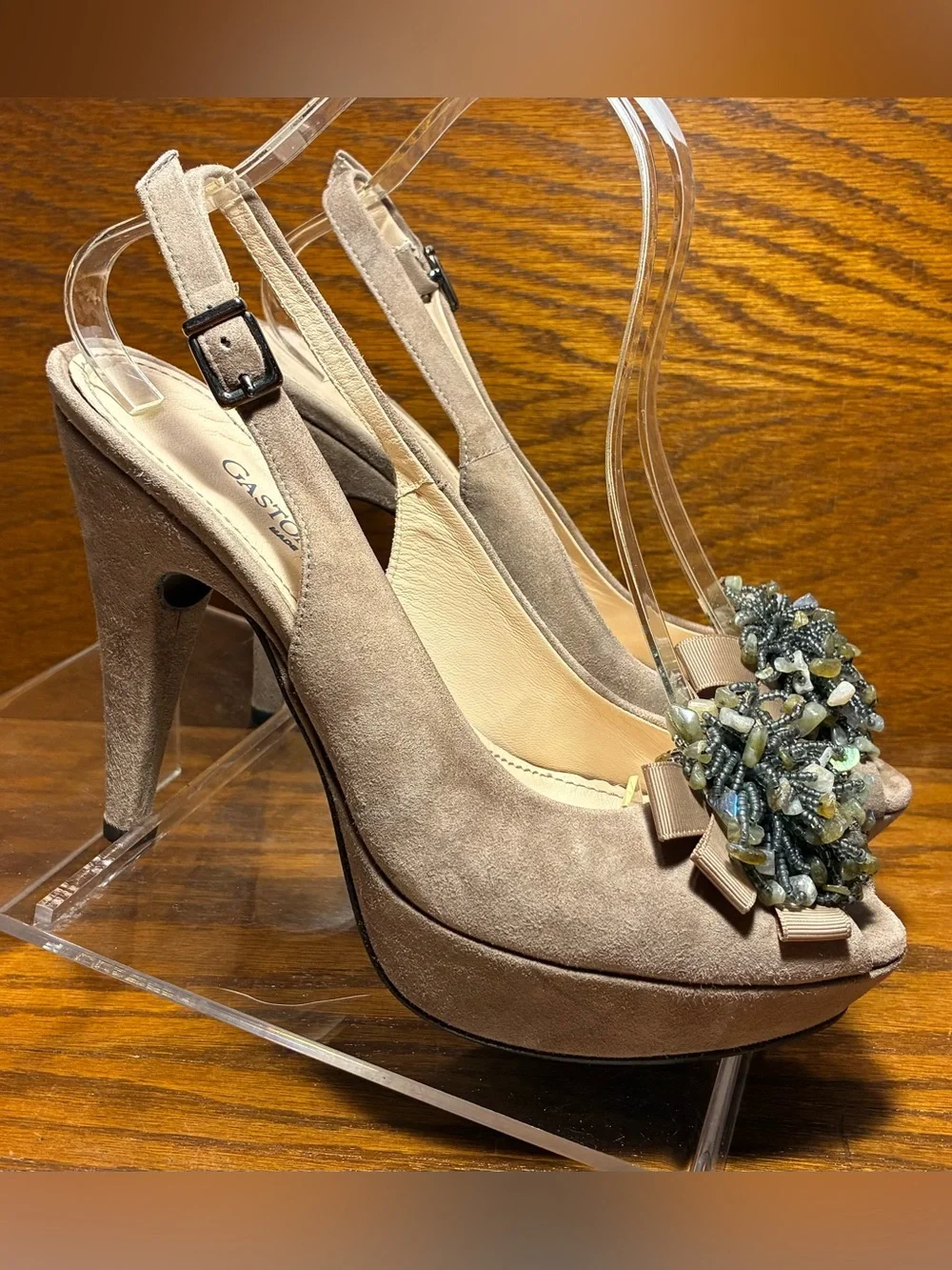 Gastone Lucioli ITALY Beaded Suede Platform Slingback Heels Taupe EU 38.5 US 8